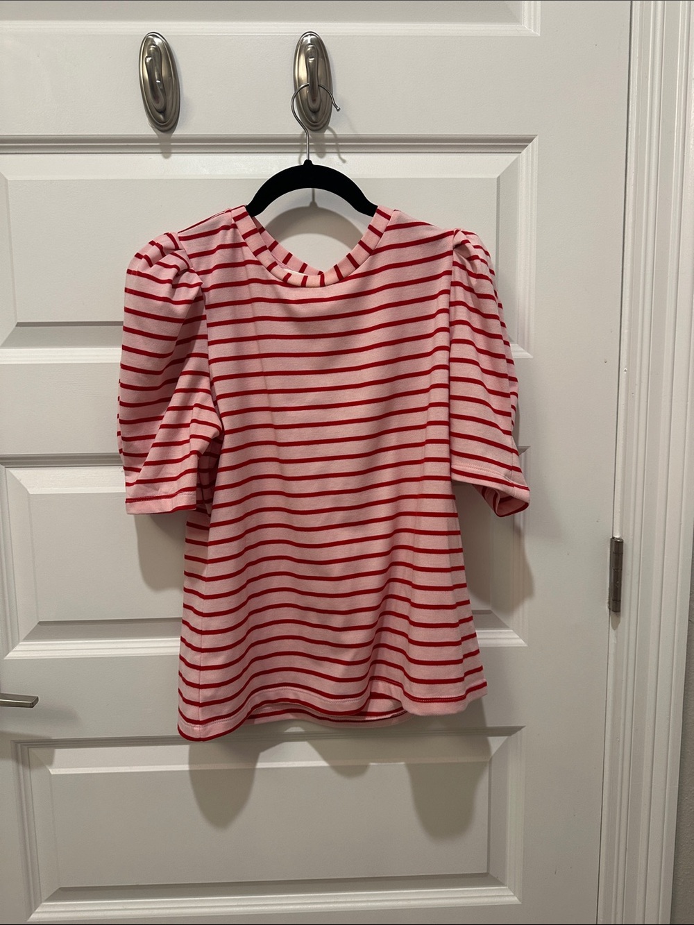 English Factory Striped Puff Sleeve Tee in Pink and Red